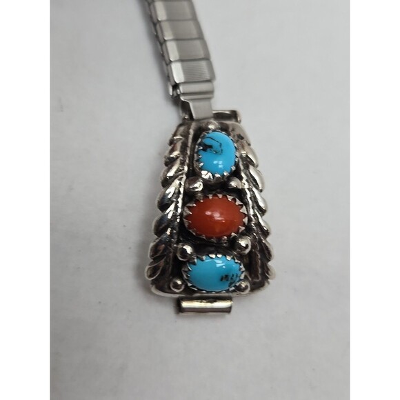 Native American Navajo Sterling Turquoise Coral Watch Tips With Expansion Band - Picture 2 of 11